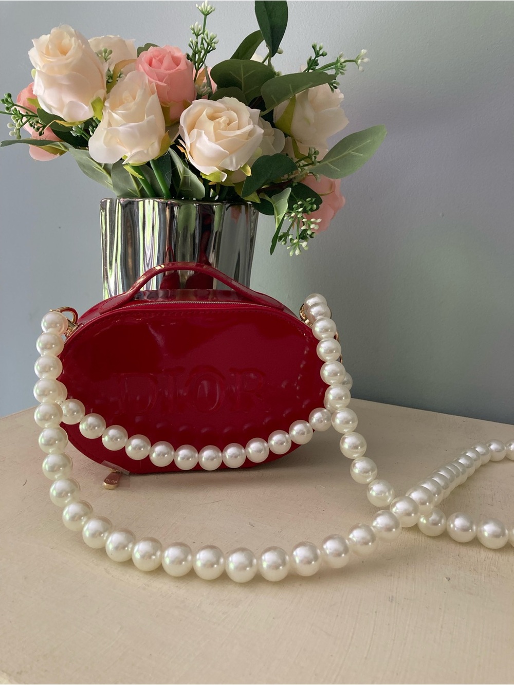 Dior Red Patent Leather Pearl-Trim Oval Crossbody Bag with Chain Strap